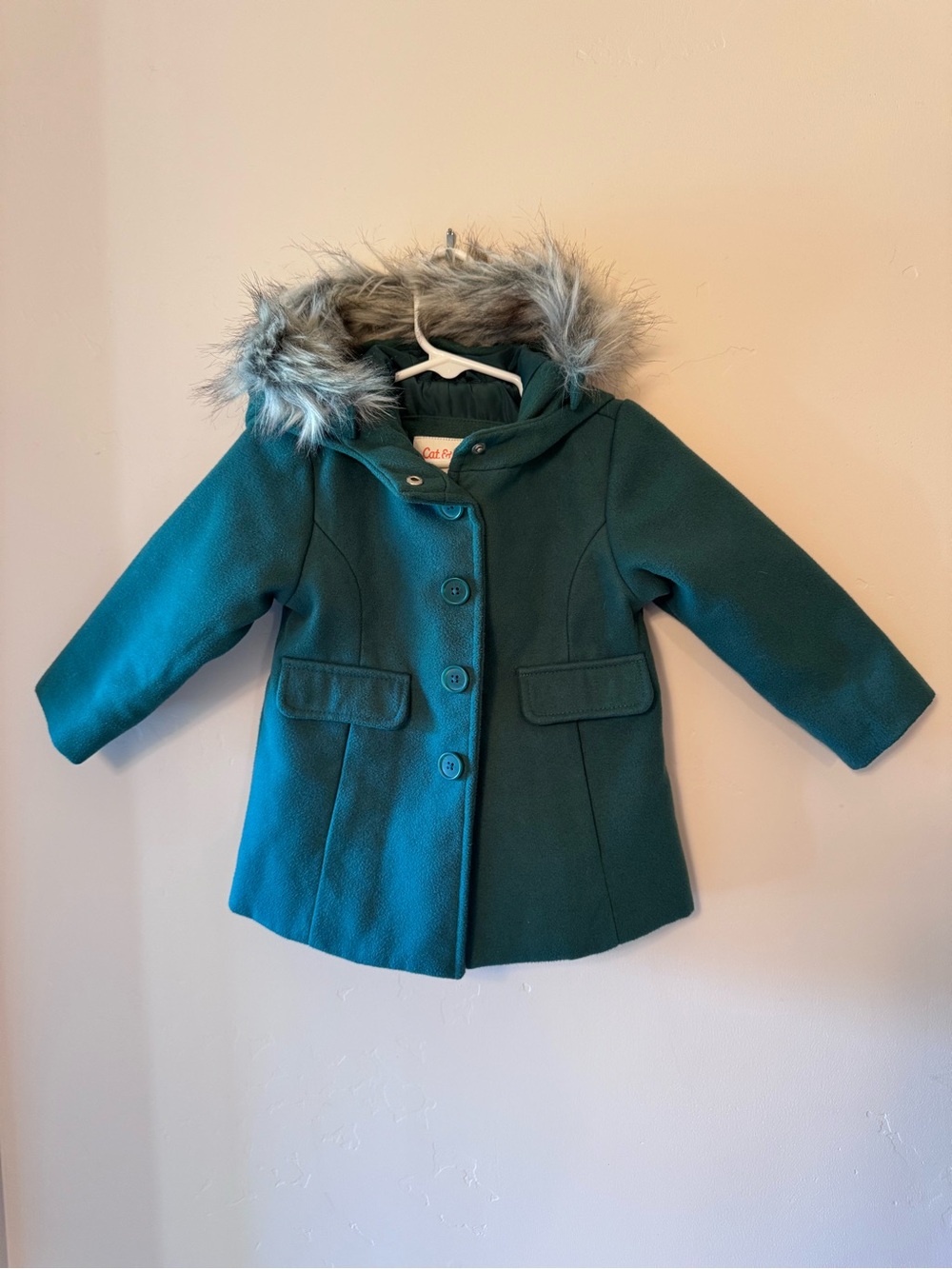 Cat & Jack Teal Hooded Pea Coat with Faux Fur Trim